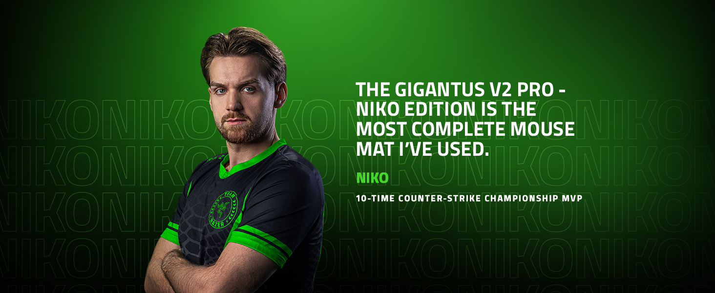 Text reads: 'THE GIGANTUS V2 PRO - NINO EDITION IS THE FINEST GAMING MOUSE MAT I EVER USED.' Man wearing black shirt with green logo on green background.