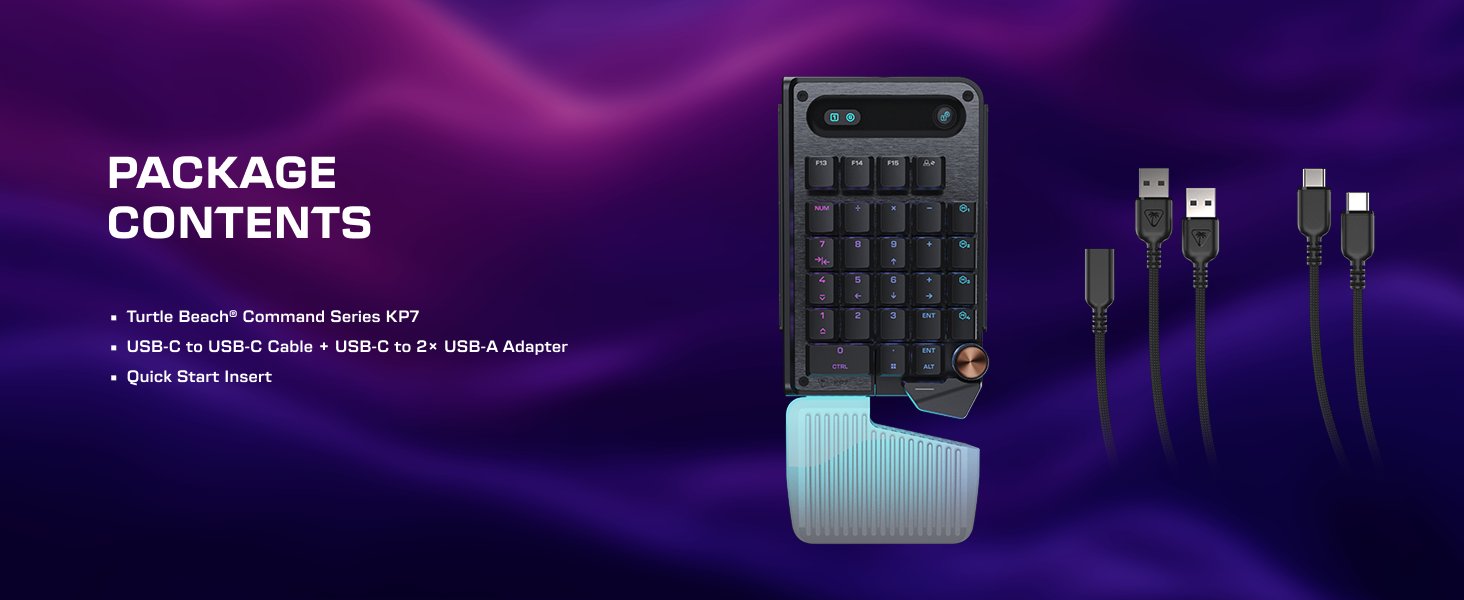 Text reads 'PACKAGE CONTENTS'. Purple background displaying tech accessories including dark device, cables, and product packaging components.