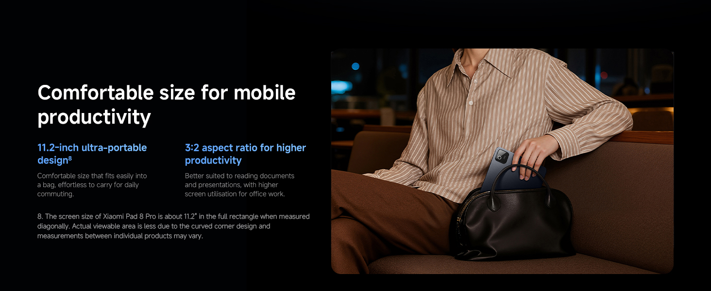Text reads 'Comfortable size for mobile productivity'. Product demonstration showing laptop usage in dim lighting conditions.