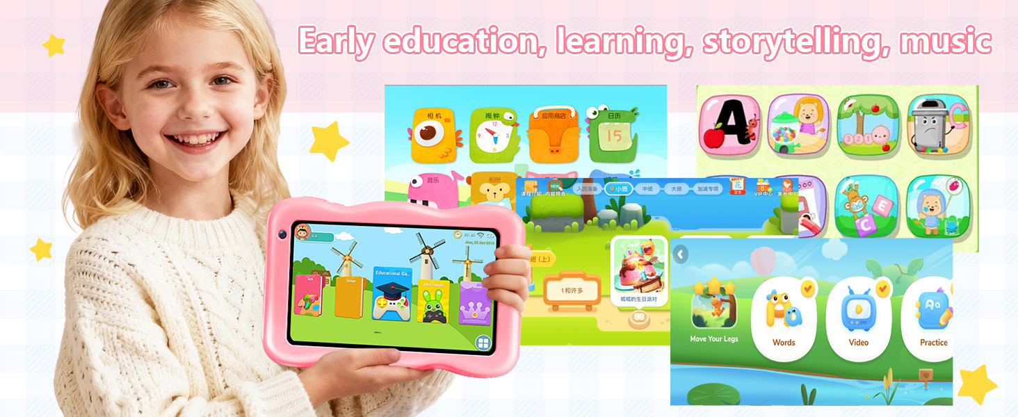 Digital learning tablet interface showing colorful cartoon characters and educational icons. Pink tablet case visible with educational app interface displayed.