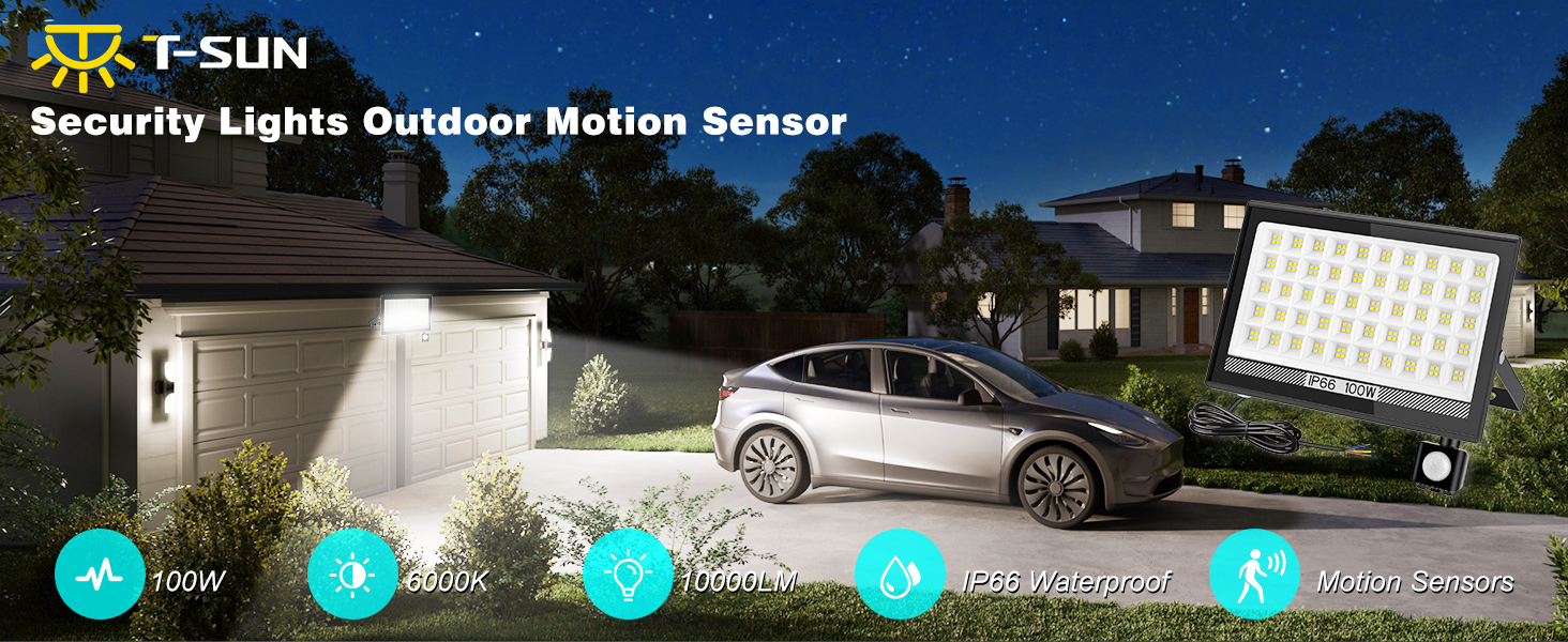 Outdoor security light with motion sensor. Night scene showing illuminated driveway, car, and house. Product features include 100W power and wireless connectivity.