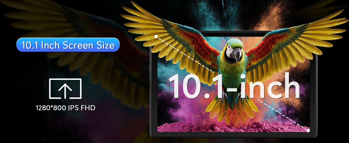 Text reads '10.1 Inch Screen Size' and 'USKYMAX IPS FHD'. Shows digital display device with golden eagle graphic and colorful underwater scene displayed on 10.1-inch screen.