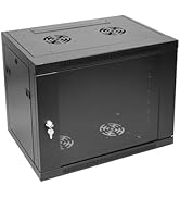 Black wall-mount network cabinet with ventilation fans on top panel. Features lockable front door and side panels for equipment storage.
