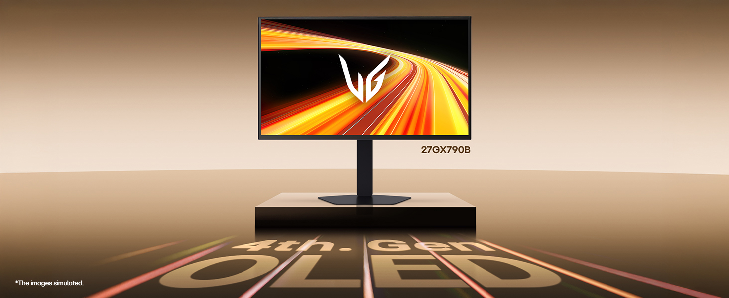 Text reads 'OLED'. Display monitor on stand against gradient background with 'OLED' text illuminated on surface below.
