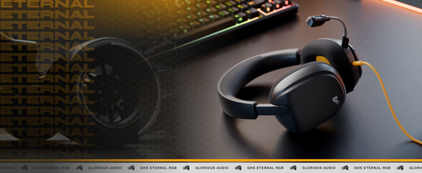 Black over-ear headphones with orange cable photographed against dark textured background with lighting effects.