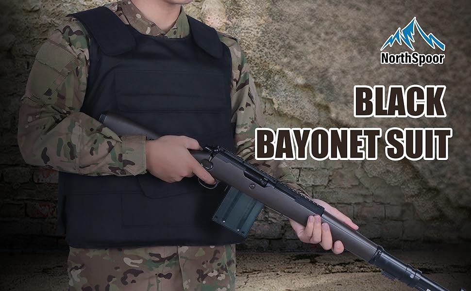 Black tactical vest displayed with camouflage sleeves and firearm. Product branded with mountain logo and labeled as 'Black Bayonet Suit'.