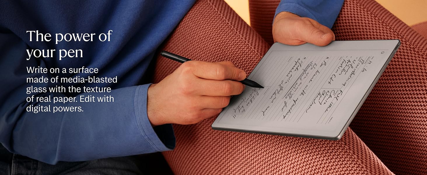 Text reads 'The power of your pen', 'Only the best material goes into our stylus digital pens.'. Close-up of hands writing with stylus pen on paper, emphasizing precision and writing capability.