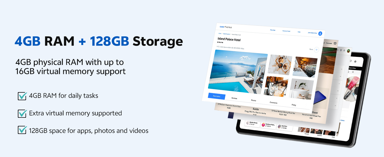 Text reads '4GB RAM + 128GB Storage' with subtext 'Add physical RAM upto 12GB and internal memory upto 512GB' and 'Link cloud memory expansion' and 'Visit store for easy demo or order'. Tablet device shown displaying photos.