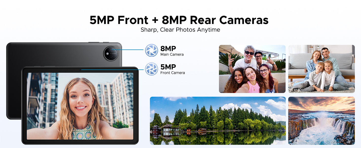 Text: '5MP Front + 8MP Rear Cameras'. Product demonstration showing tablet device with camera features, accompanied by sample photos showing landscape and group shots.