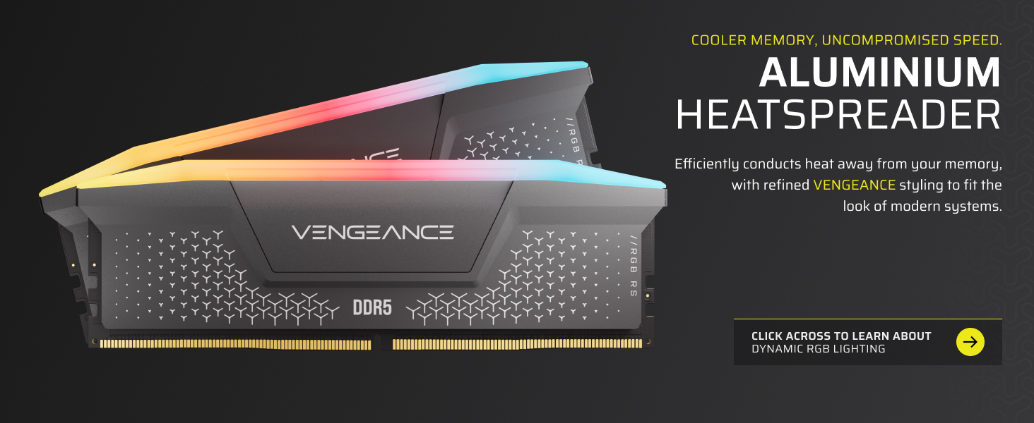 Text reads 'ALUMINIUM HEATSPREADER'. Computer RAM module with black heatsink featuring hexagonal pattern design and metallic finish.