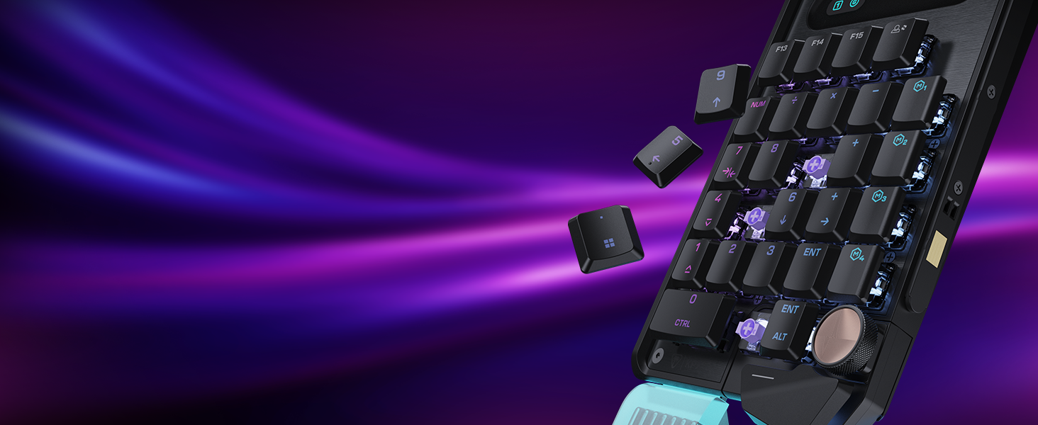 Black mechanical gaming keyboard with purple illuminated keys displayed at angle against purple neon wave background design.