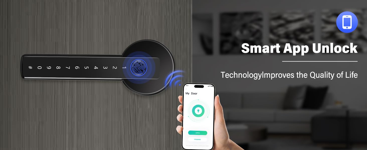 Smart door lock with illuminated keypad and mobile app interface showing unlock screen, featuring wireless connectivity capabilities.
