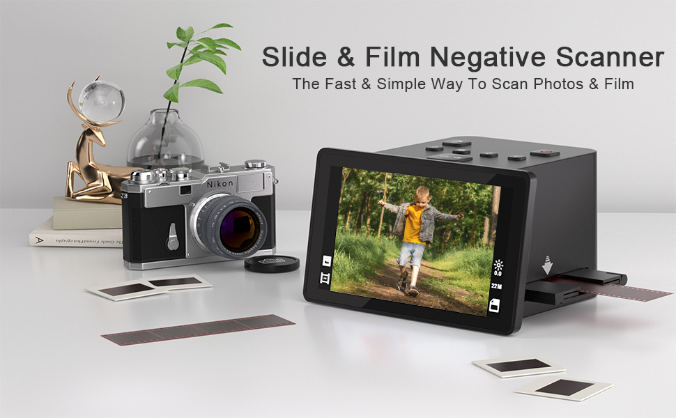 Text reads 'Slide & Film Negative Scanner' and 'The Fast & Simple Way To Scan Photos & Film'. Flatbed scanner with display screen showing digitized photo, surrounded by vintage camera, film slides, and negatives.