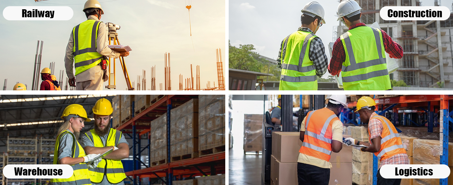 Multiple panels showing construction or maintenance workers in high-visibility safety gear working on various tasks at what appears to be a construction or industrial site.