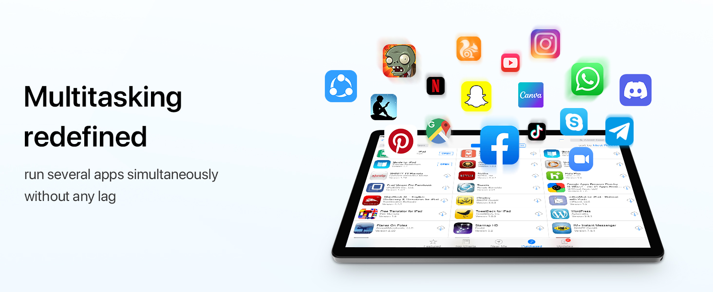 Tablet device displaying multiple app icons on screen. Text 'Multitasking redefined' visible above device.