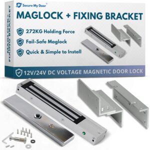 SecureMyDoor - Stainless Steel Magnetic Door Lock + Z L Fixing Bracket | Fail Safe Maglock for Access Control Systems with Strong Holding Force | Mini Magnet with Monitored Status LED