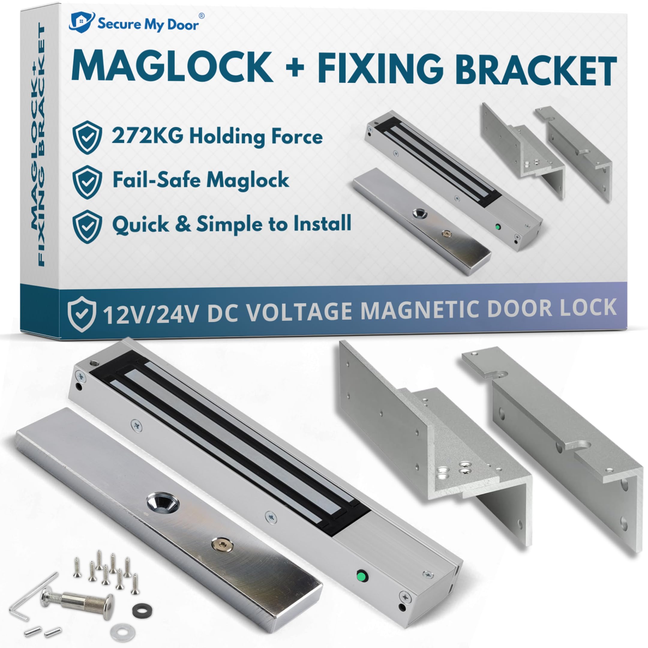 SecureMyDoor - Stainless Steel Magnetic Door Lock + Z L Fixing Bracket | Fail Safe Maglock for Access Control Systems with Strong Holding Force | Mini Magnet with Monitored Status LED