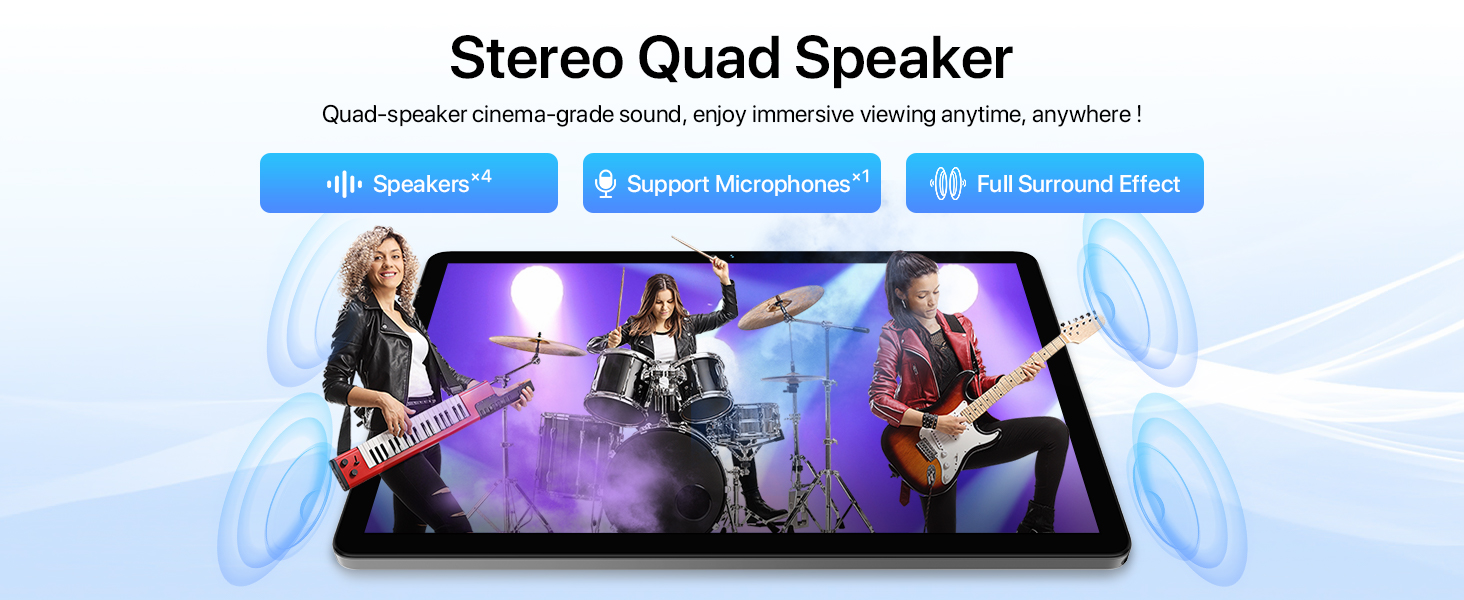 Stereo quad speaker product image showing musicians on stage. Features include quad speakers, 3D surround sound, and deep bass.