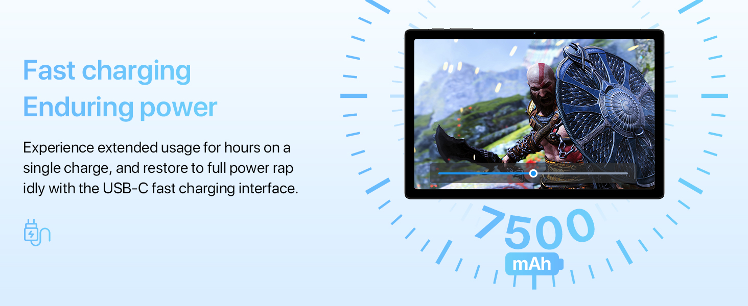 Tablet device advertisement highlighting fast charging and 7500 mAh battery capacity. Screen displays a nature scene with mountains and a person.
