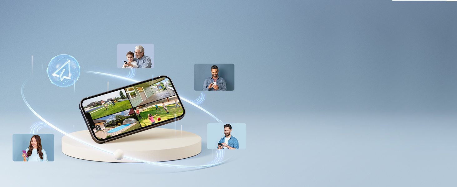 Smartphone displaying various app icons and profile pictures, surrounded by floating circular images representing different smartphone functions or applications.