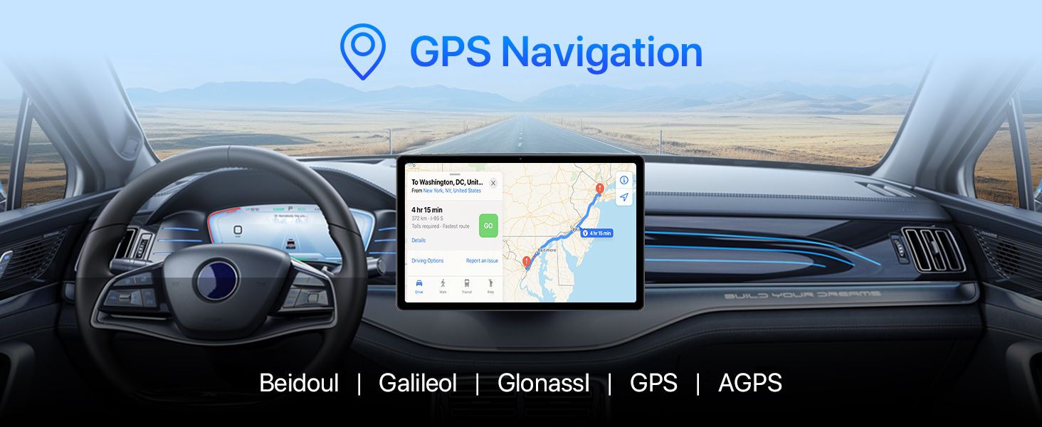Car interior view with dashboard and steering wheel. Large central display shows GPS navigation map and route information.