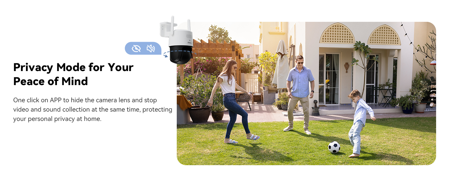 Text reads 'Privacy Mode for Your Peace of Mind'. Multiple outdoor scenes showing people engaged in various recreational activities on a lawn.