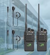 Three images of black handheld two-way radios or walkie-talkies shown against blue backgrounds.