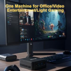 Text reads 'Entertainment/Light Gaming' and 'One Machine for Office/Video'. Gaming setup with multiple monitors displaying colorful game scene, keyboard and mouse visible.