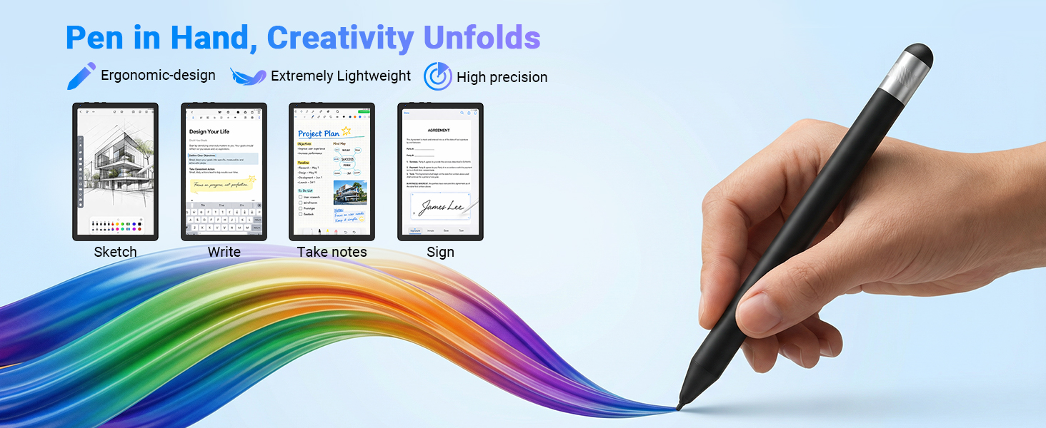 Text reads 'Pen in Hand, Creativity Unfolds.' Digital stylus pen held in hand shown alongside smartphone interface mockups displaying creative applications, with colorful rainbow wave graphic.