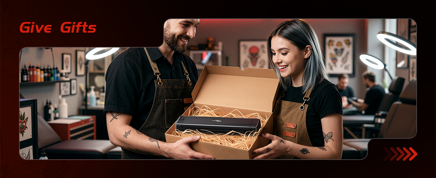 Text reads 'Give Gift'. Two people exchanging open wooden box gift in interior setting with shelving and decor.