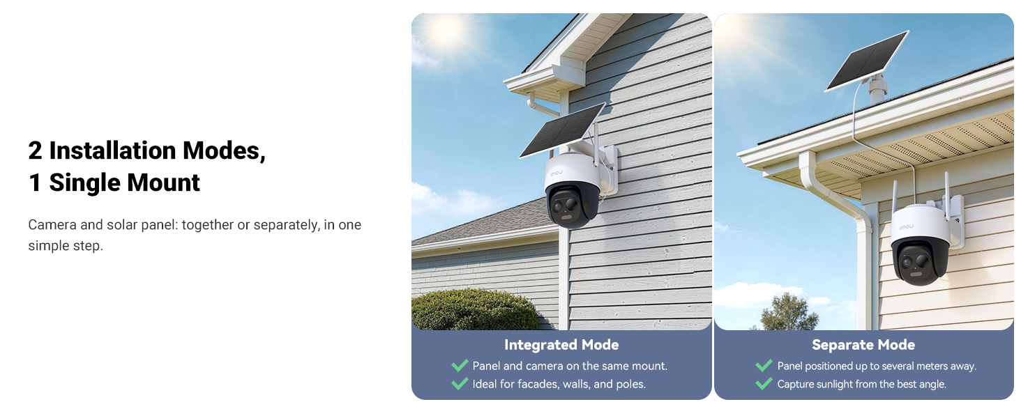 Text reads '2 Installation Modes, 1 Simple Mount' with product code. Two outdoor security camera installation scenarios displayed showing different mounting configurations on residential structures.