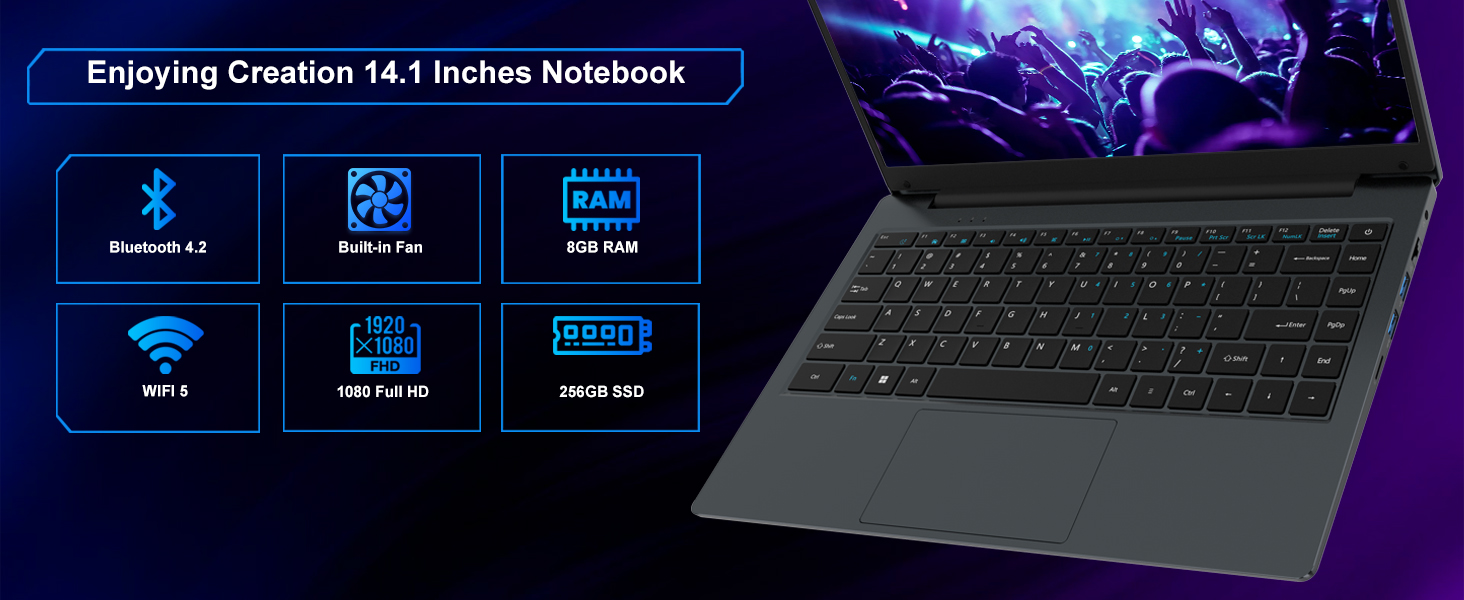 Text reads 'Power By Core i7 Up to 2.1 GHz'. Multiple laptop or tablet devices shown in a dark tech-themed environment with purple lighting and circuit board patterns.