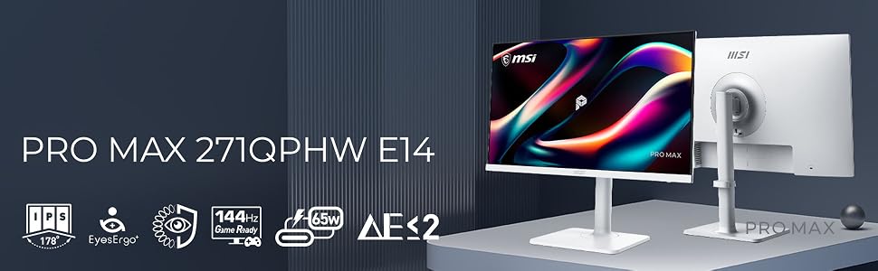Text reads 'PRO MAX-27IQPHW E14'. Marketing image of a modern computer monitor with colorful abstract display patterns, shown with technical specification icons.