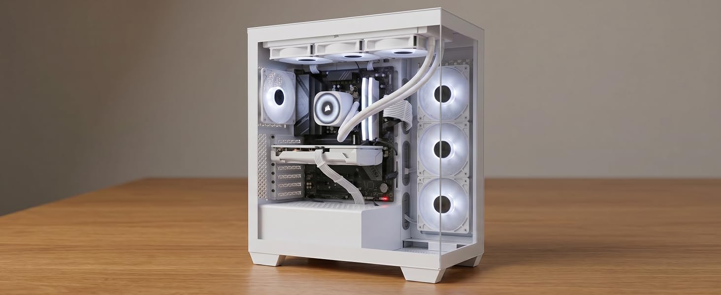 White computer tower case with tempered glass panel and ventilation grilles, positioned on wooden surface against neutral background.