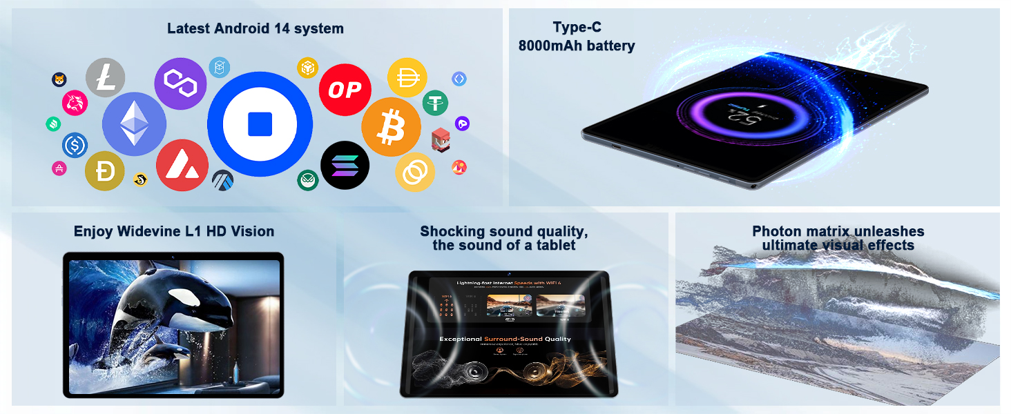 Tablet features: Android 14, Type-C, 8000mAh battery. Display shows HD video, sound quality emphasis. Multiple app icons and a device charging wirelessly shown.