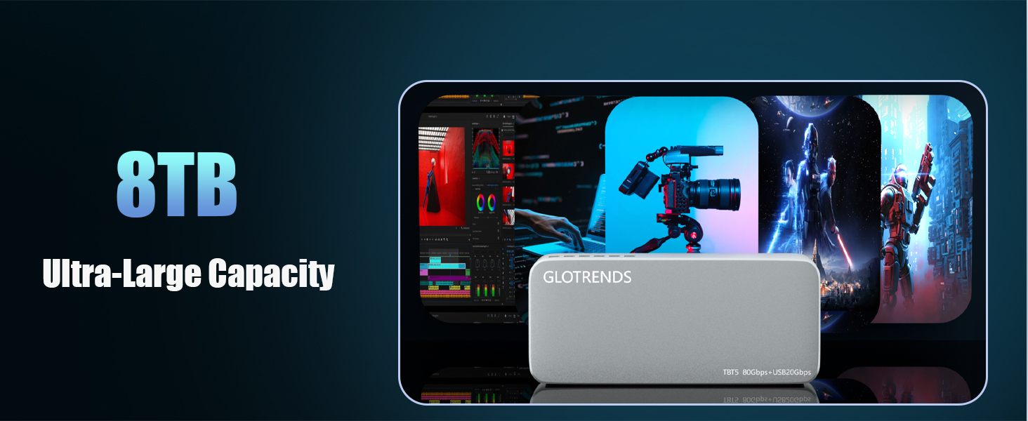 Text reads '8TB' and 'Ultra-Large Capacity'. Marketing banner showing multiple gaming-themed panels and an external storage device with blue LED lighting against dark background.