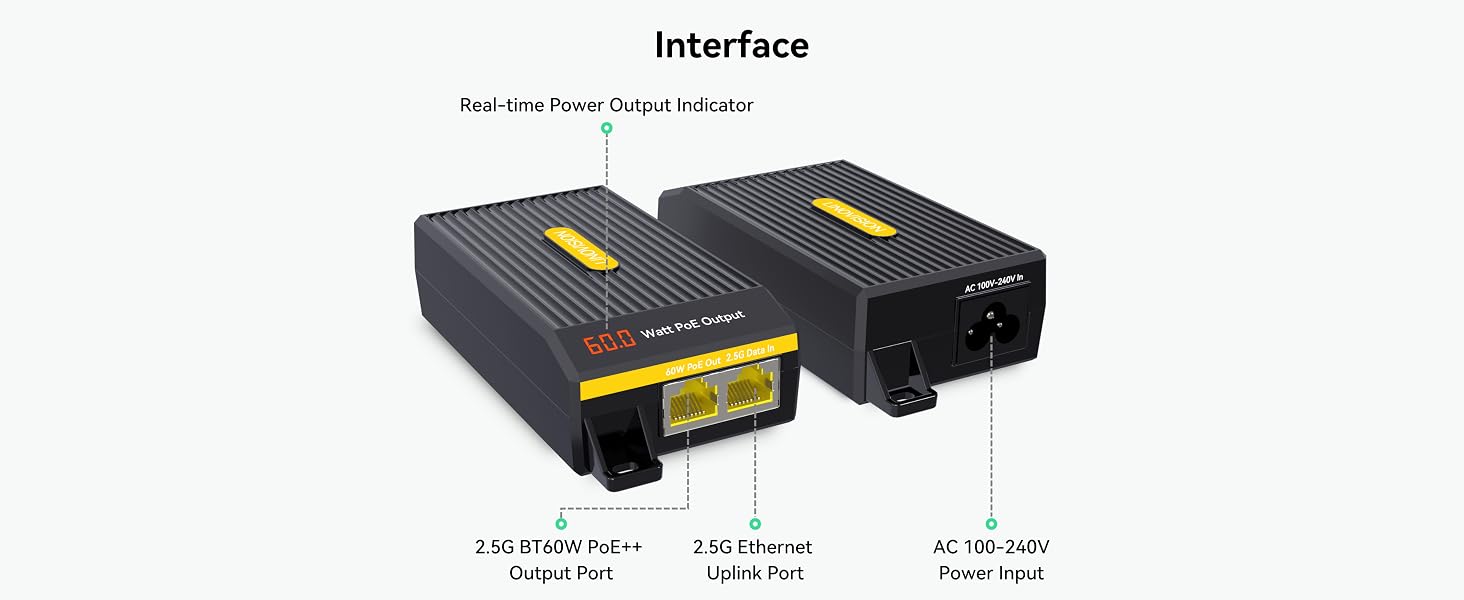 Text reads 'Interface'. Technical diagram showing three black electronic interface devices with yellow labels, appears to be power supply or converter units.