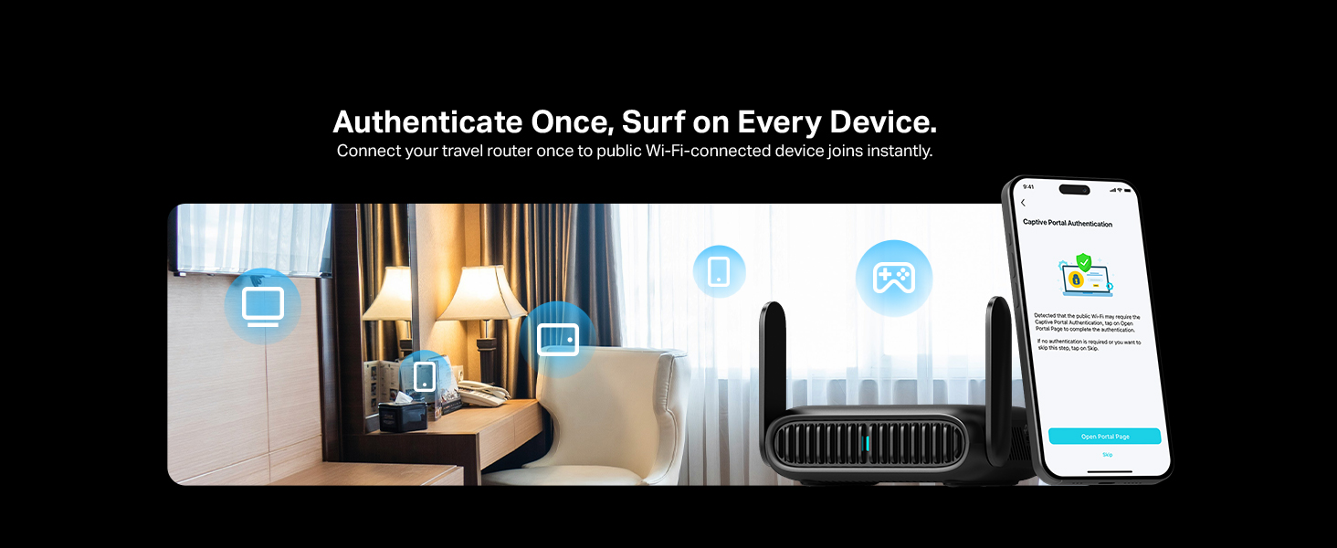 Text reads 'Authenticate Once, Surf on Every Device.' Multiple device displays showing router setup interface and mobile app screens.