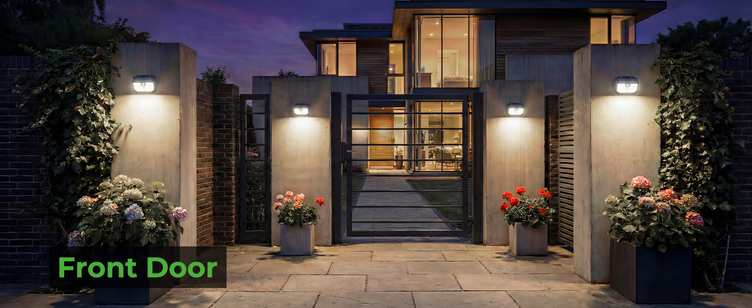 Text reads 'Front Door'. Multiple views of modern house exterior at night, showing illuminated entryway with potted plants and architectural lighting on steps.