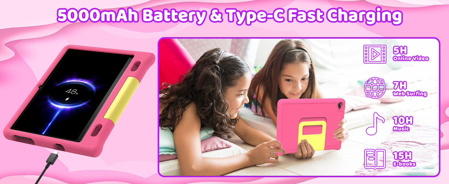 Text reads '5000mAh Battery & Type-C Fast Charging'. Pink power bank with USB-C charging cable connected to smartphone displaying charging interface. Product shown with two children using the device.