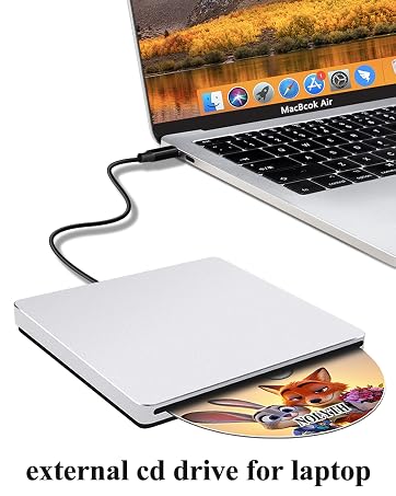 Text reads 'external cd drive for laptop'. White external CD/DVD drive connected via USB cable to laptop displaying desktop, with disc shown inside drive tray.