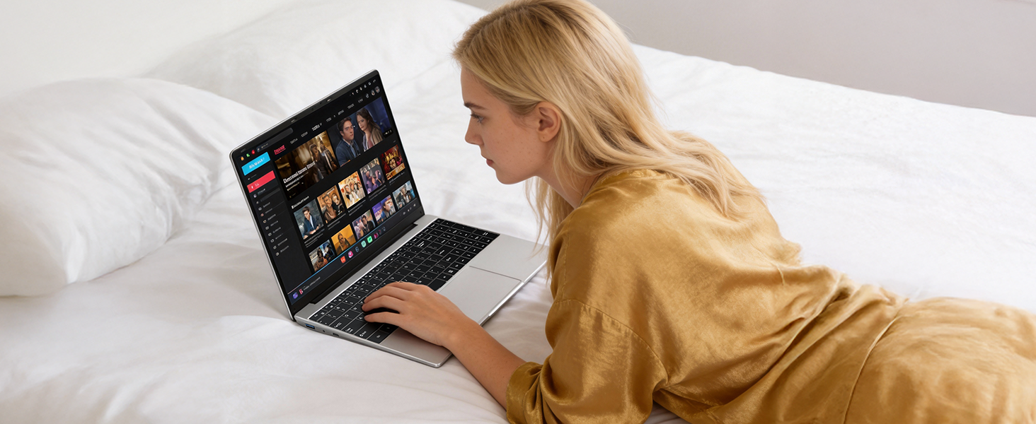 Someone using a laptop while lying on a white bed or couch, showing casual remote work or entertainment setup.