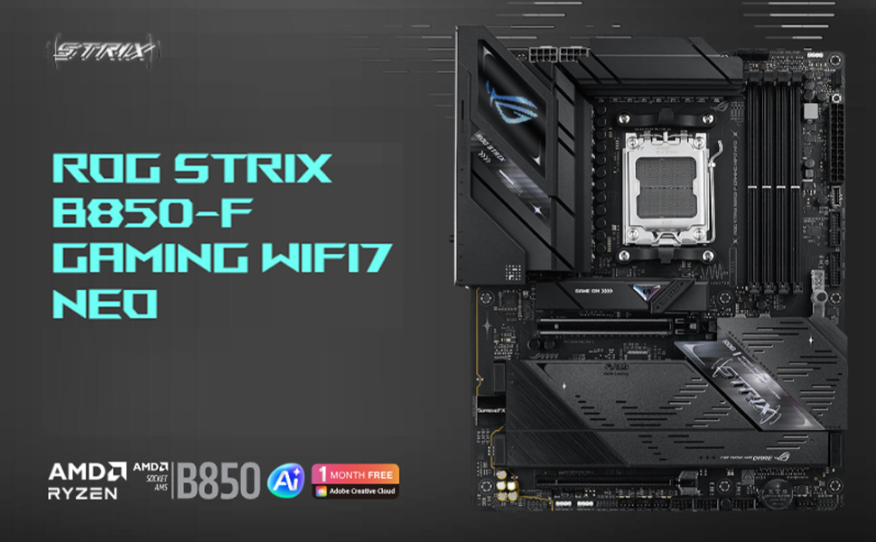 Text reads 'ROG STRIX B850-F GAMING WIFI NEO'. High-end motherboard featuring AMD Ryzen branding, shown with detailed PCB layout and components.