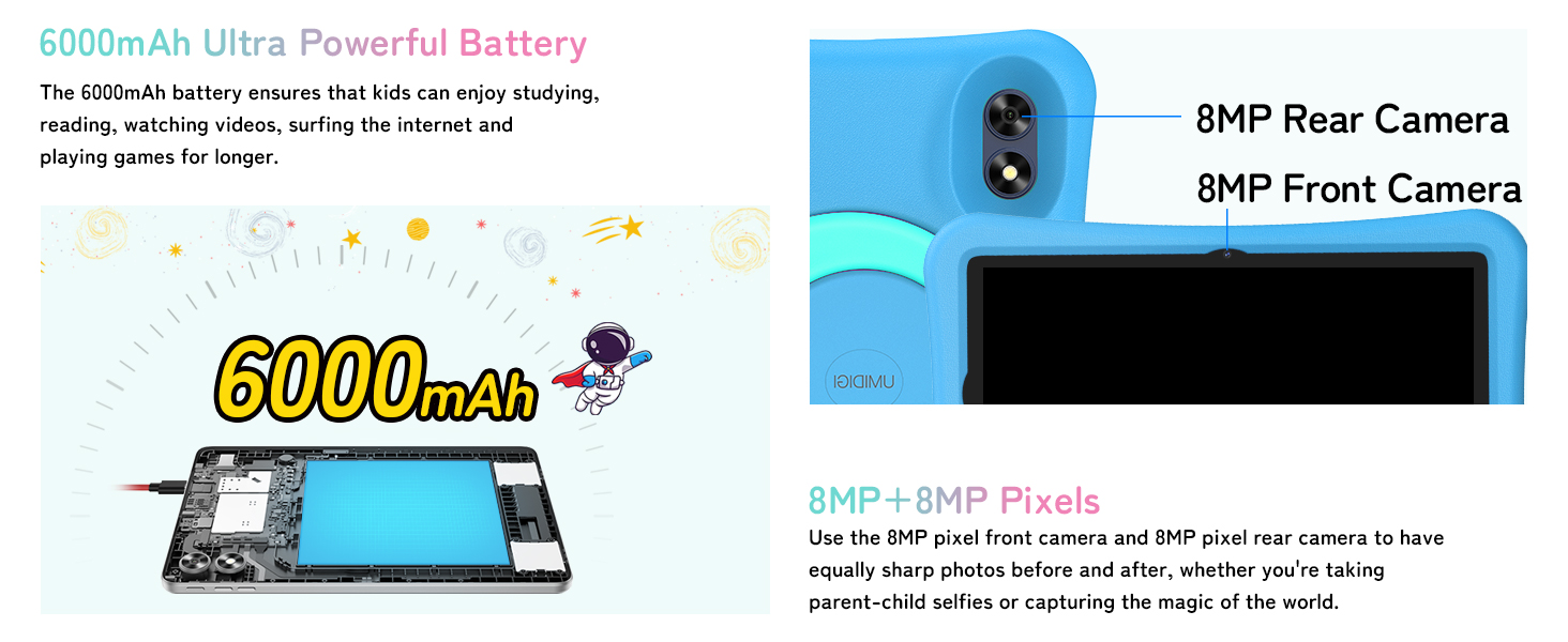 Text reads '6000mAh Ultra Powerful Battery' and '8MP Rear Camera, 8MP Front Camera'. Blue smartphone with dual rear cameras and specs including 6000mAh battery capacity displayed with internal components diagram.