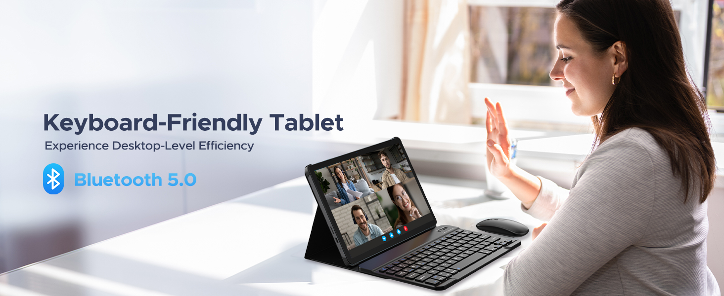 Text reads 'Keyboard-Friendly Tablet' and 'Bluetooth 5.0'. Woman using tablet device with keyboard attachment in workspace setting.