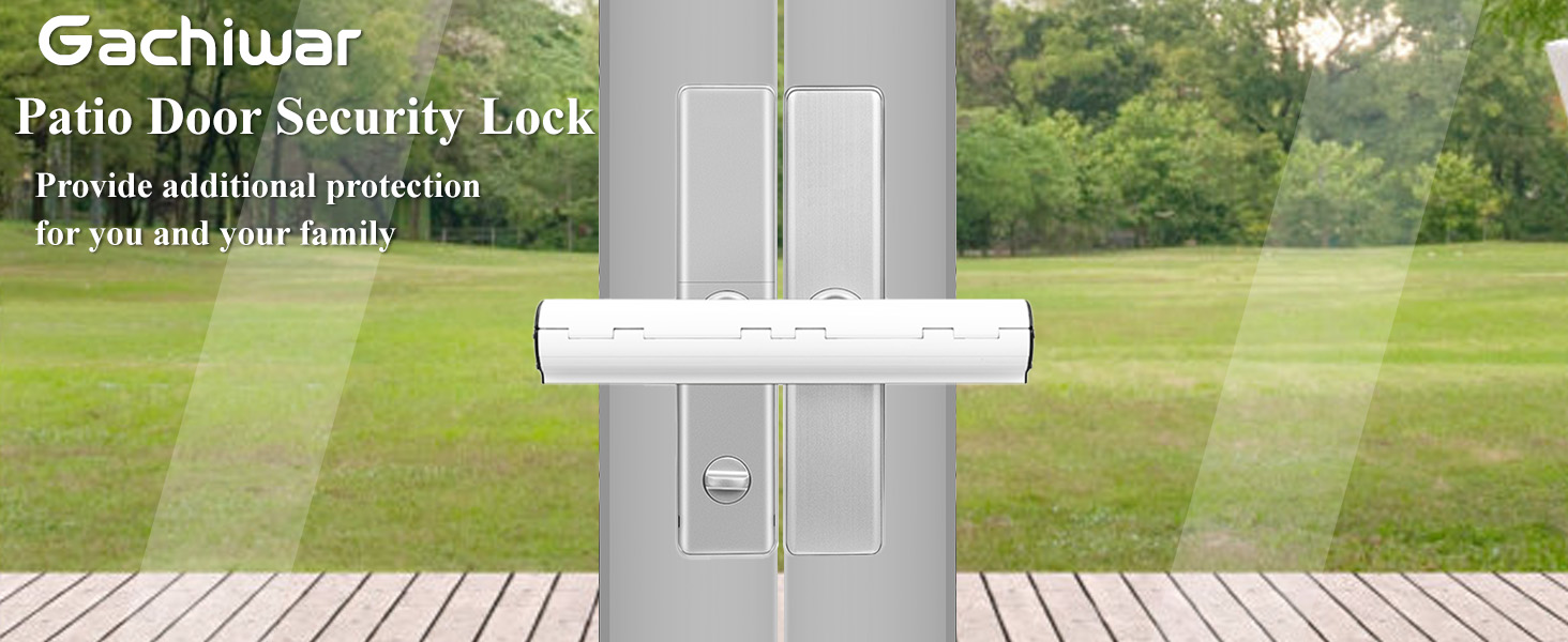 White patio door security lock installed on French doors. Device spans both door panels, providing additional protection. Outdoor grass and wood deck visible in background.