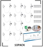 Set of 8 white security devices with cables. Product image shows installation on doors. Packaging indicates '8PACK' quantity.