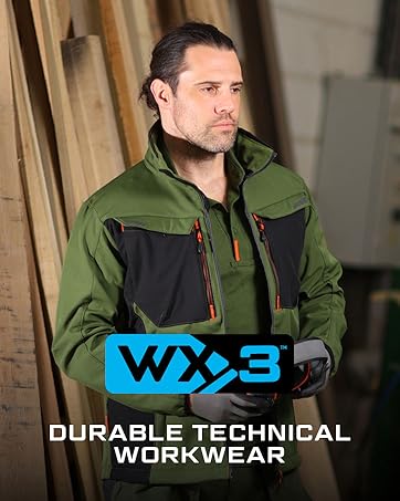 High-visibility safety jacket with black accents. Features include reflective strips, multiple pockets, and a stretchy fabric. Model demonstrates jacket's flexibility.