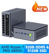Text reads 'NEW', 'AMD Ryzen', '32GB DDR5', '512GB SSD', 'PRO A600H'. Compact desktop PC tower in gray and black with purple accent line, shown alongside stacked appearance, highlighting new processor and memory specifications.