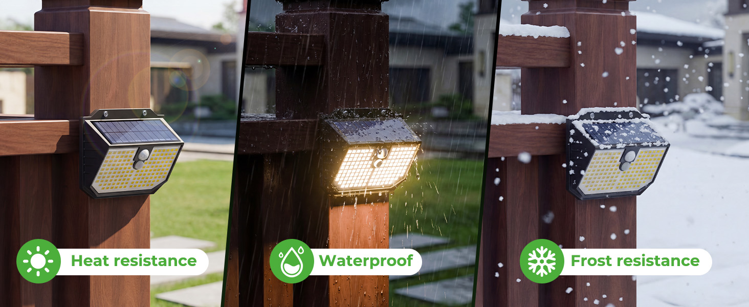 Three-panel image showing outdoor LED lights with text indicators for 'Heat resistance', 'Waterproof', and 'Frost resistance' features. Lights mounted on wooden posts in garden setting.
